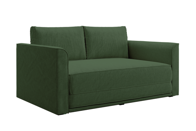 The Eclipse Sofa in Hemp: a modern loveseat in deep green with thick cushions, wide armrests, and fabric upholstery, shown at an angle against a plain white background.