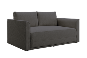 The Eclipse Sofa in Hemp is a modern, dark gray loveseat with two back cushions and wide armrests, upholstered in fabric and shown against a plain white background.