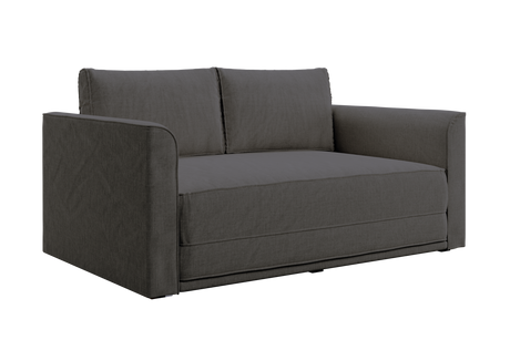 The Eclipse Sofa in Hemp is a modern, dark gray loveseat with two back cushions and wide armrests, upholstered in fabric and shown against a plain white background.