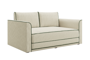 The Eclipse Sofa in Hemp is a beige loveseat with dark green piping, featuring clean lines, plush seating, a modern boxy design, and two backrest cushions.