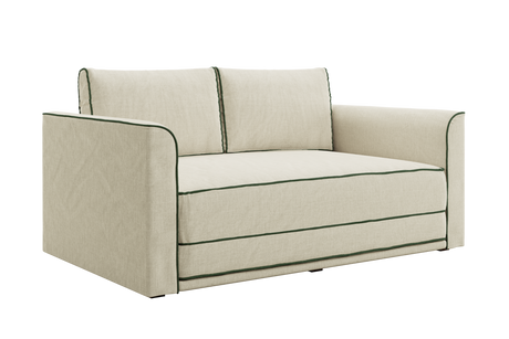 The Eclipse Sofa in Hemp is a beige loveseat with dark green piping, featuring clean lines, plush seating, a modern boxy design, and two backrest cushions.