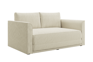 The Eclipse Sofa in Hemp is a modern, light beige loveseat with square armrests and two back cushions, upholstered in soft fabric for a simple and contemporary look.