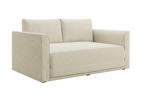 The Eclipse Sofa in Hemp is a modern, light beige loveseat with square armrests and two back cushions, upholstered in soft fabric for a simple and contemporary look.