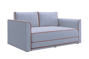 The Eclipse Sofa in Hemp is a light gray loveseat with orange piping, two back cushions, and wide armrests.