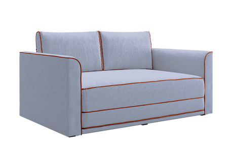 The Eclipse Sofa in Hemp is a light gray loveseat with orange piping, two back cushions, and wide armrests.