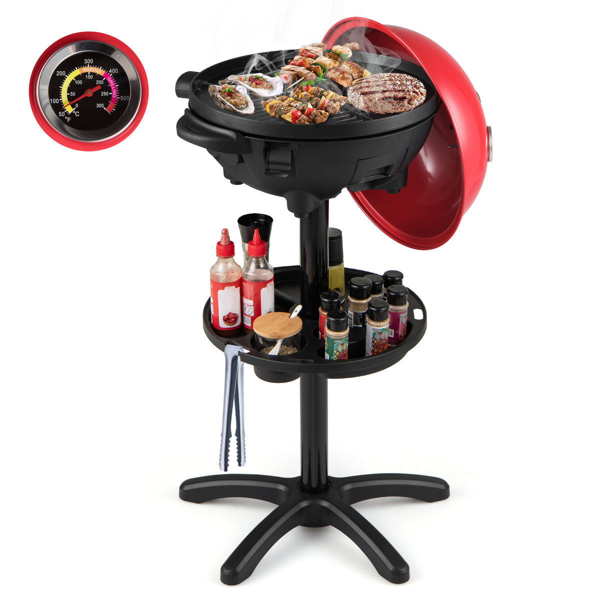 Electric BBQ Grill 1200W Indoor Outdoor Grill with 2-Zone Non-Stick Grilling Plate-Red