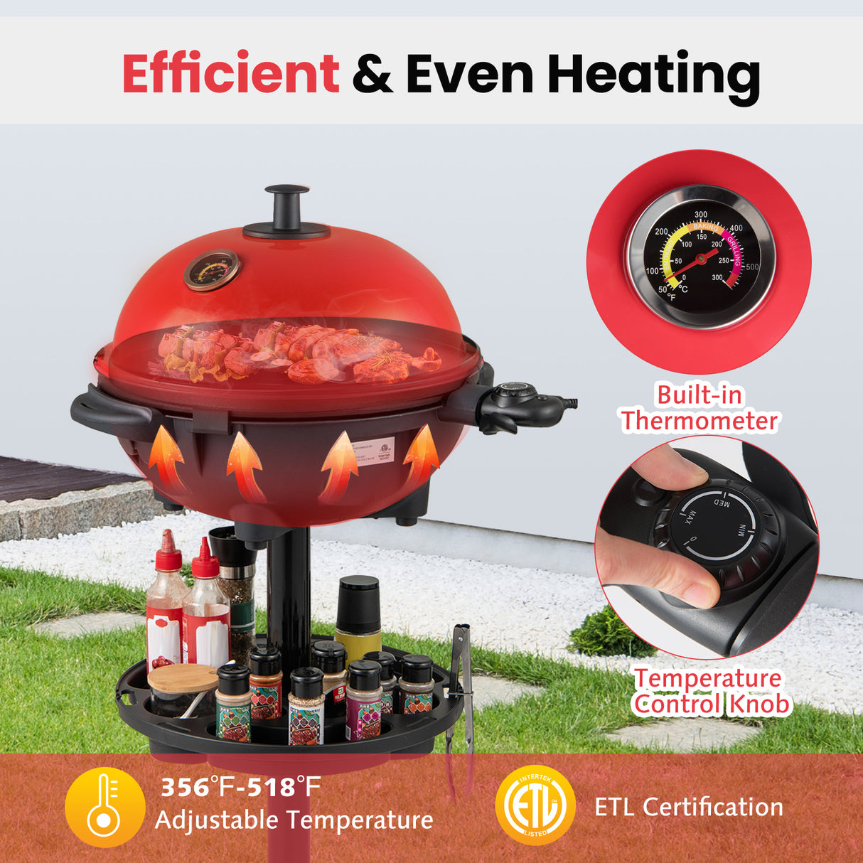Electric BBQ Grill 1200W Indoor Outdoor Grill with 2-Zone Non-Stick Grilling Plate-Red
