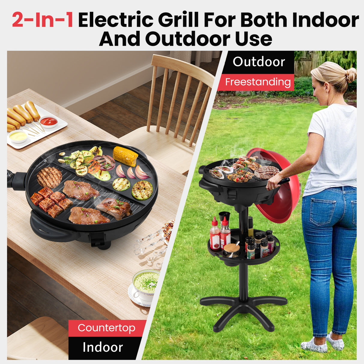 Electric BBQ Grill 1200W Indoor Outdoor Grill with 2-Zone Non-Stick Grilling Plate-Red