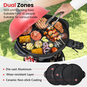 Electric BBQ Grill 1200W Indoor Outdoor Grill with 2-Zone Non-Stick Grilling Plate-Red