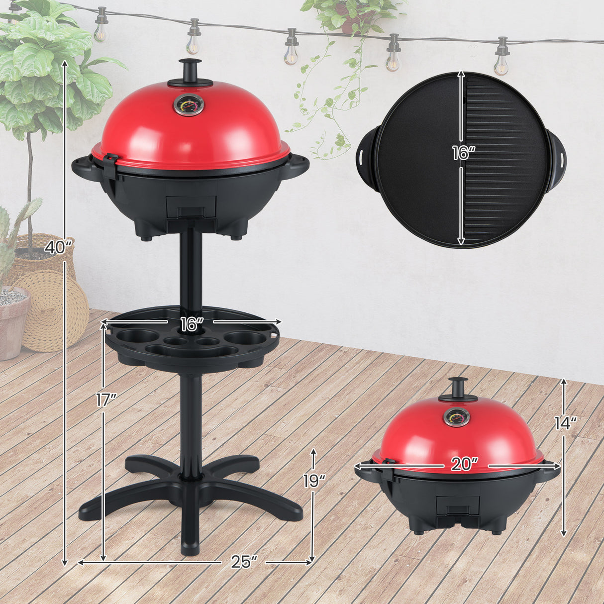 Electric BBQ Grill 1200W Indoor Outdoor Grill with 2-Zone Non-Stick Grilling Plate-Red