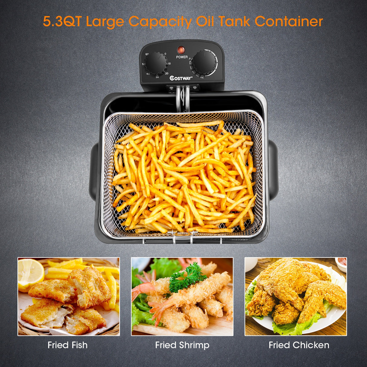 Electric Deep Fryer 5.3QT/21-Cup Stainless Steel 1700W with Triple Basket-Silver