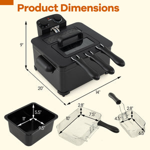 Electric Deep Fryer 5.3QT/21-Cup Stainless Steel 1700W with Triple Basket-Black