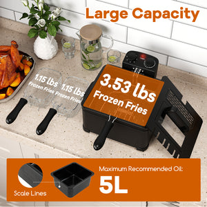 Electric Deep Fryer 5.3QT/21-Cup Stainless Steel 1700W with Triple Basket-Black