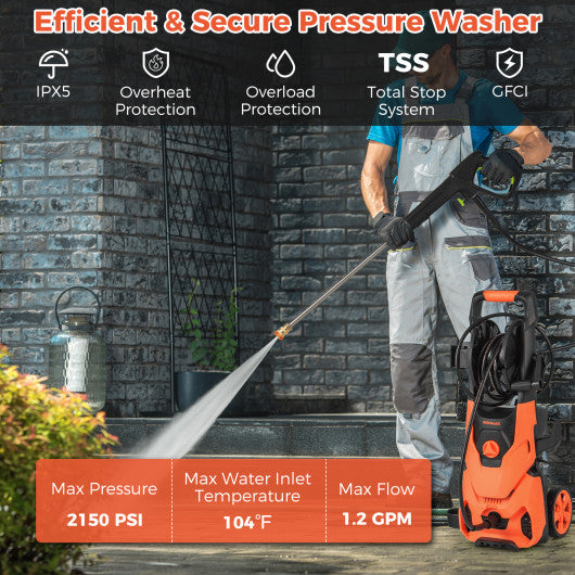 2150PSI Electric Pressure Washer 1.2GPM with 4 Quick Connect Nozzles and Foam Cannon-Orange