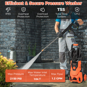 2150PSI Electric Pressure Washer 1.2GPM with 4 Quick Connect Nozzles and Foam Cannon-Orange