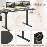 Electric Standing Desk with 3 Memory Heights and 2 Hanging Hooks and Cable Holes-Black