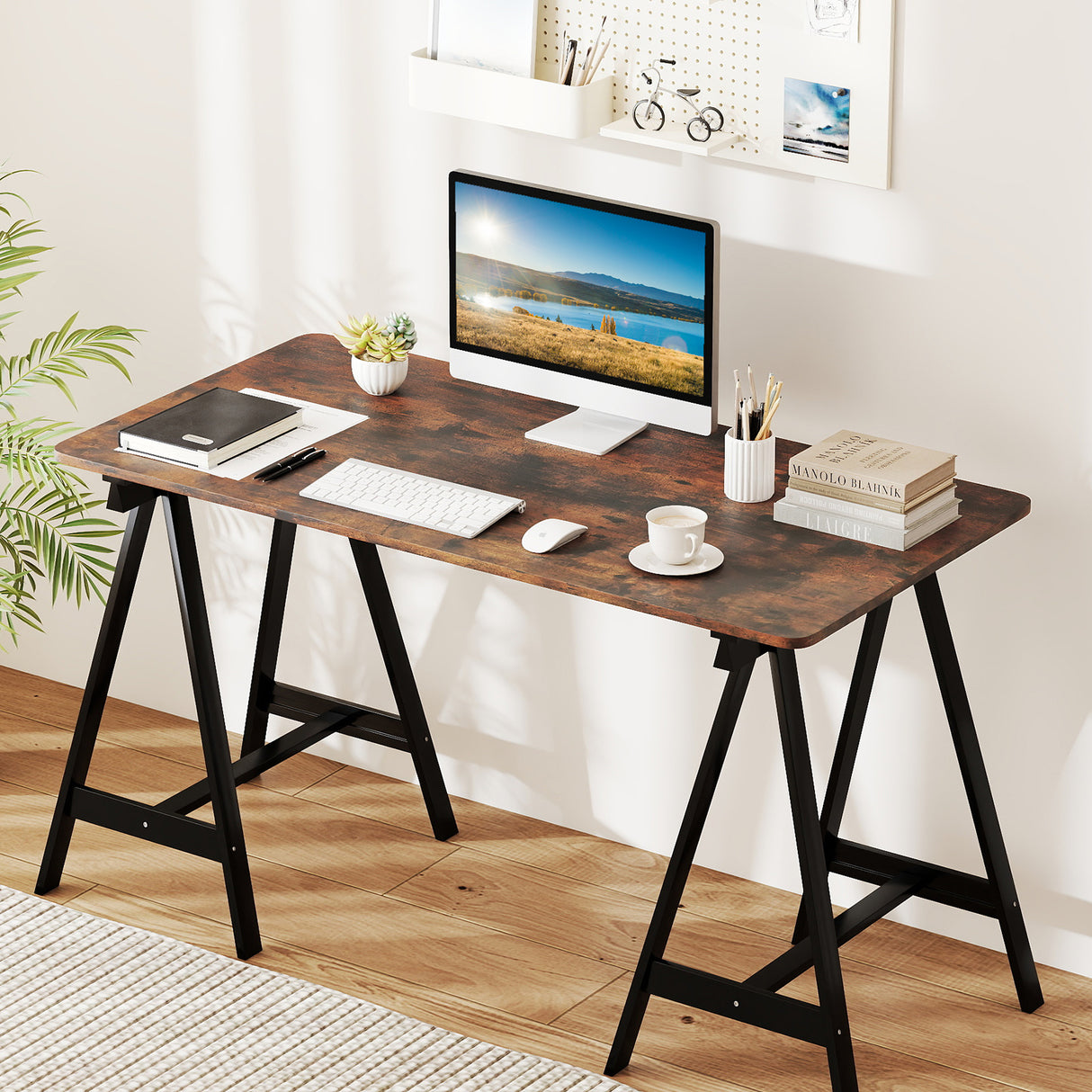 Electric Standing Desk with LED Display and 2 Memory Height Settings-Rustic Brown