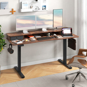 63 Inch x 24 Inch Electric Standing Desk with 2 Drawers-Rustic Brown