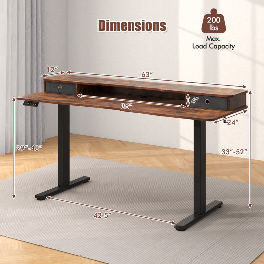 63 Inch x 24 Inch Electric Standing Desk with 2 Drawers-Rustic Brown