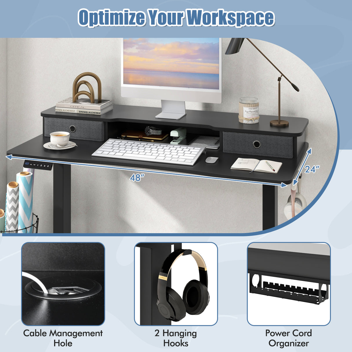 48 Inch x 24 Inch Height Adjustable Electric Standing Desk with 2 Drawers-Black