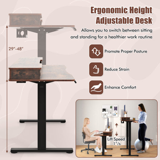 48 Inch x 24 Inch Height Adjustable Electric Standing Desk with 2 Drawers-Rustic Brown