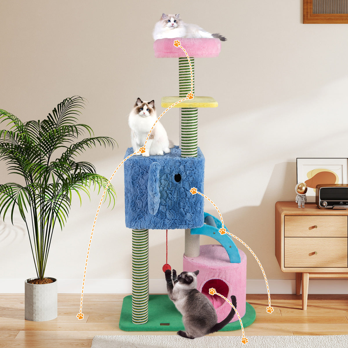 Elephant Themed Cat Tree for Adult Cats Multi-level Kitty Tower with 2 Condos-Blue