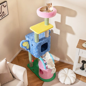 Elephant Themed Cat Tree for Adult Cats Multi-level Kitty Tower with 2 Condos-Blue