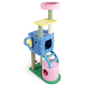 Elephant Themed Cat Tree for Adult Cats Multi-level Kitty Tower with 2 Condos-Blue