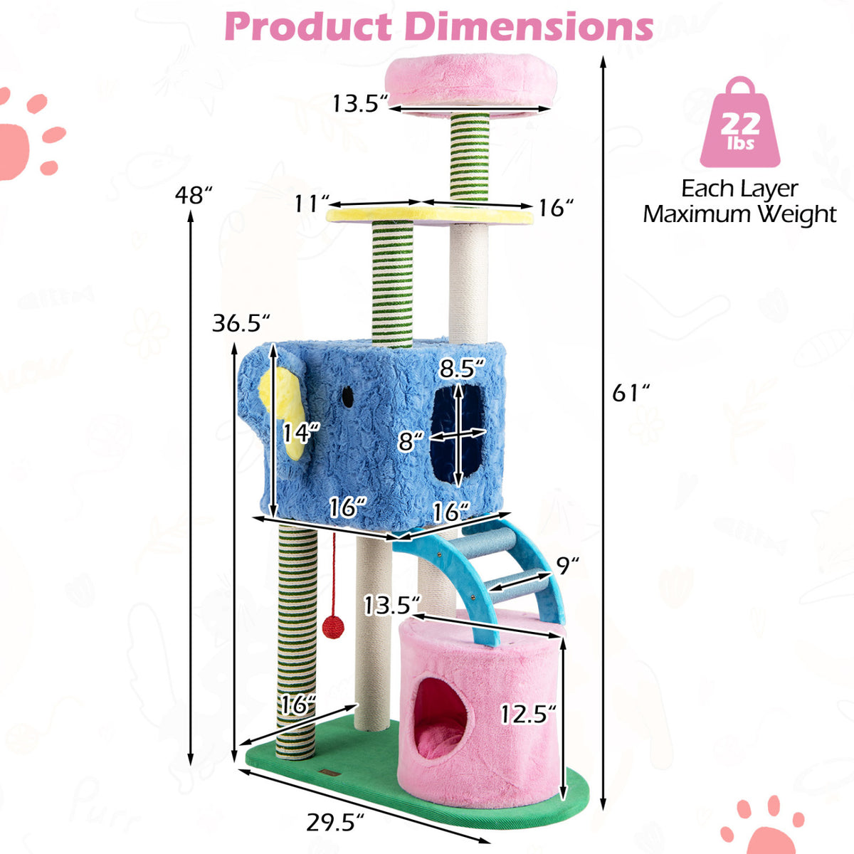 Elephant Themed Cat Tree for Adult Cats Multi-level Kitty Tower with 2 Condos-Blue
