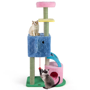 Elephant Themed Cat Tree for Adult Cats Multi-level Kitty Tower with 2 Condos-Blue