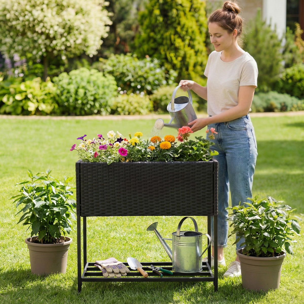 Elevated Garden Planter with Rattan Finish Bottom Shelf-Black