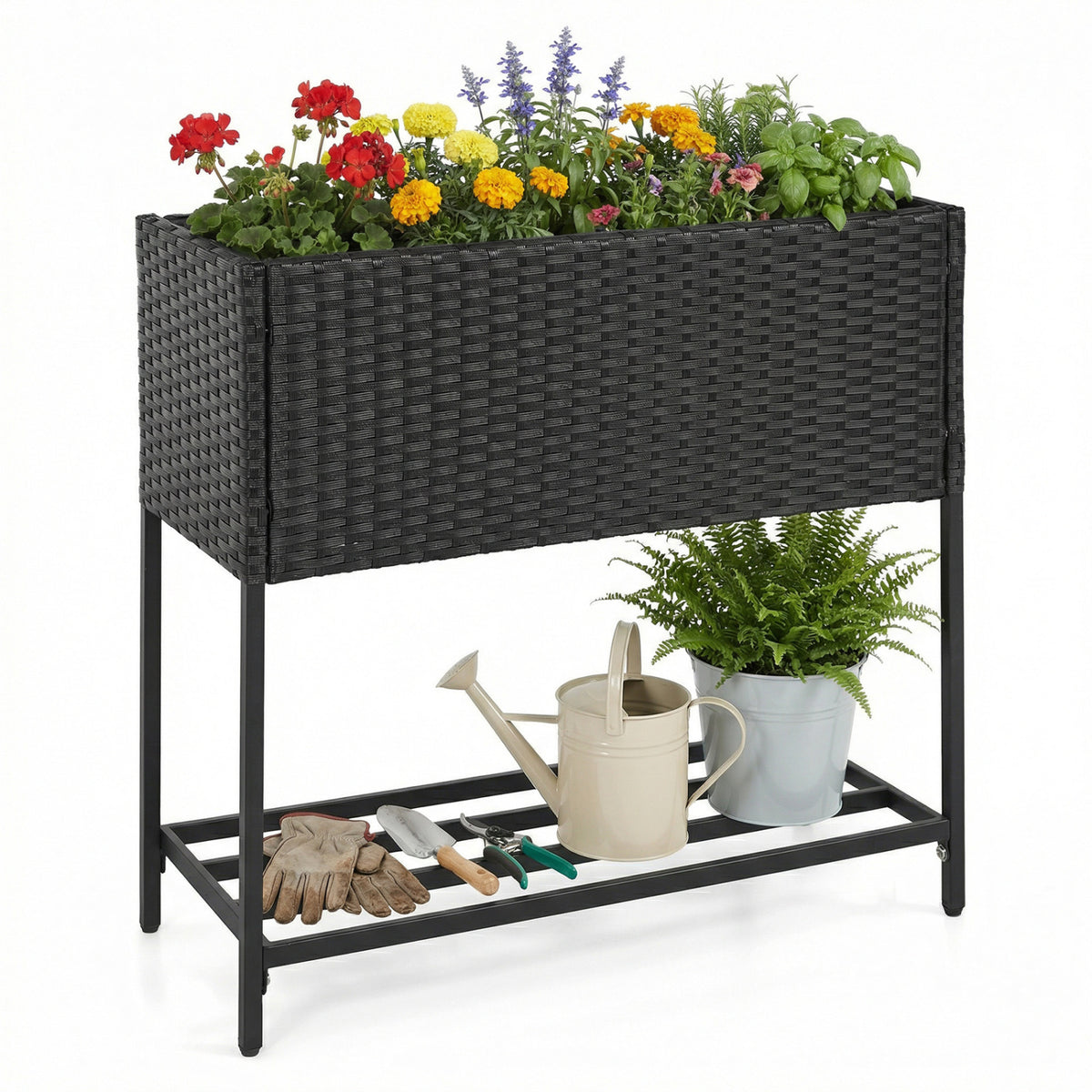 Elevated Garden Planter with Rattan Finish Bottom Shelf-Black