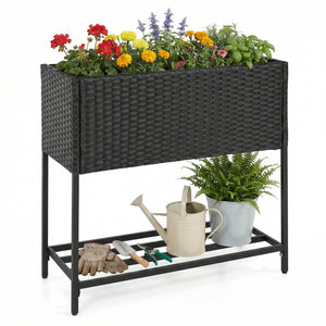 Elevated Garden Planter with Rattan Finish Bottom Shelf-Black