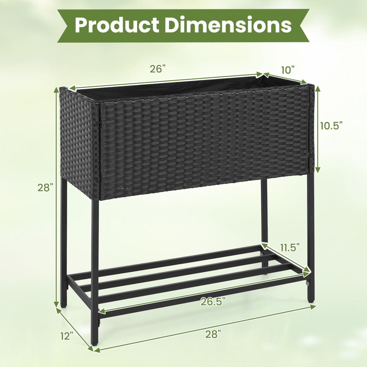 Elevated Garden Planter with Rattan Finish Bottom Shelf-Black