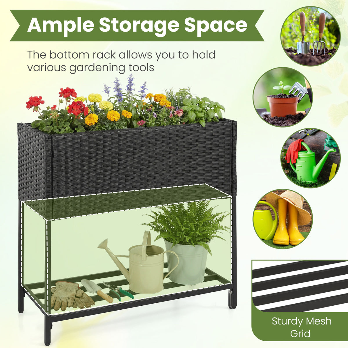 Elevated Garden Planter with Rattan Finish Bottom Shelf-Black