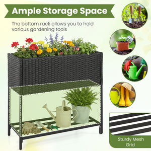 Elevated Garden Planter with Rattan Finish Bottom Shelf-Black