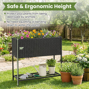 Elevated Garden Planter with Rattan Finish Bottom Shelf-Black