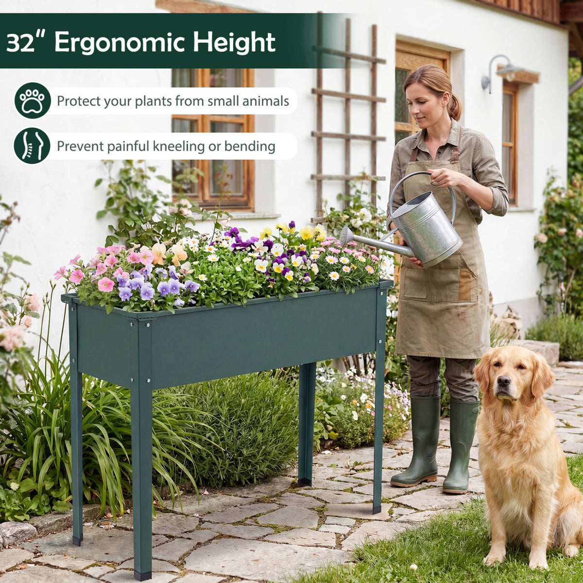Elevated Metal Raised Garden Bed with Legs and Drainage Holes-Green