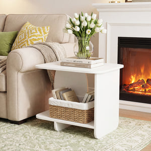End Table 2-Tier Sofa Side Table with Storage Shelf for Small Space-White