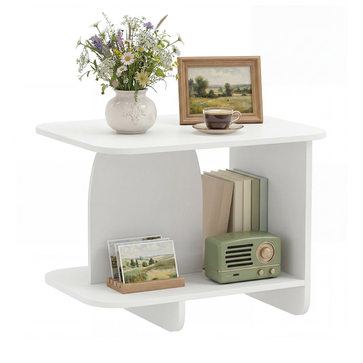 End Table 2-Tier Sofa Side Table with Storage Shelf for Small Space-White