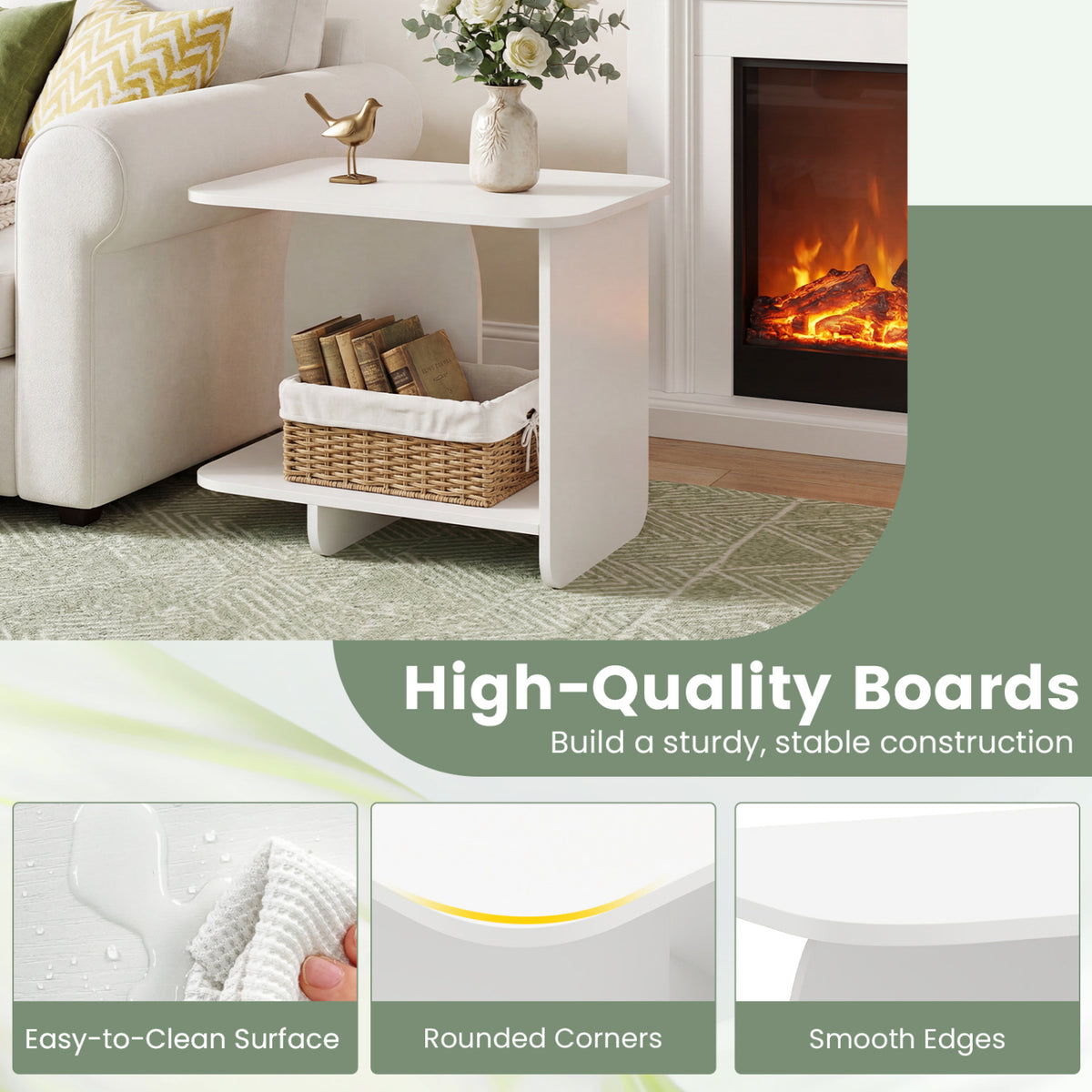 End Table 2-Tier Sofa Side Table with Storage Shelf for Small Space-White