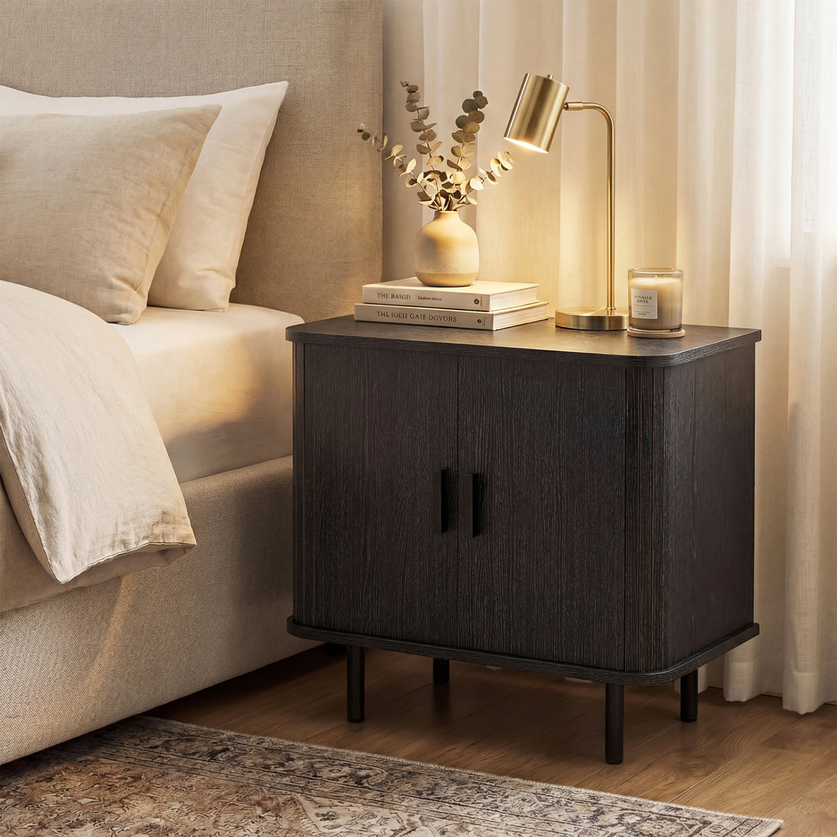 End Table Modern Mid Century Nightstand with Sliding Tambour Doors and Storage Shelf-Black