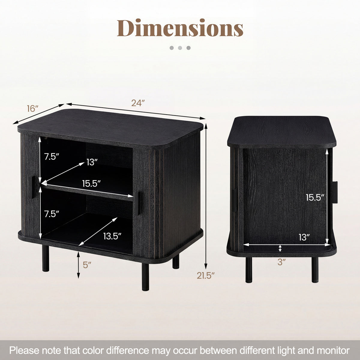 End Table Modern Mid Century Nightstand with Sliding Tambour Doors and Storage Shelf-Black