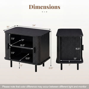 End Table Modern Mid Century Nightstand with Sliding Tambour Doors and Storage Shelf-Black