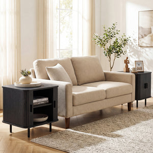End Table Modern Mid Century Nightstand with Sliding Tambour Doors and Storage Shelf-Black