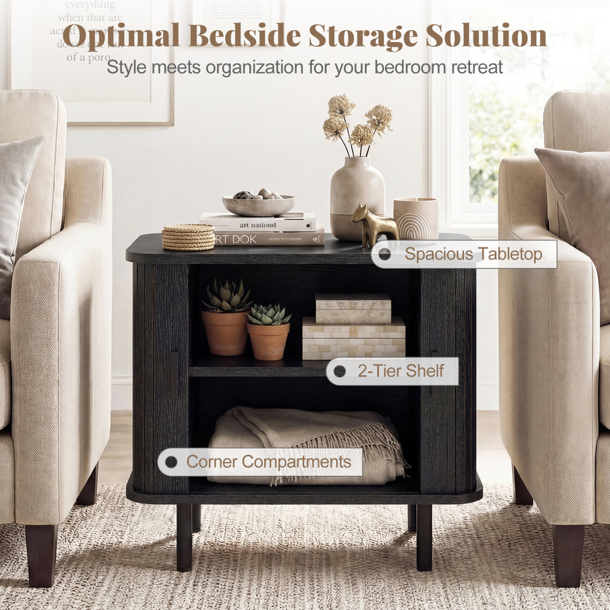 End Table Modern Mid Century Nightstand with Sliding Tambour Doors and Storage Shelf-Black