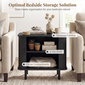 End Table Modern Mid Century Nightstand with Sliding Tambour Doors and Storage Shelf-Black