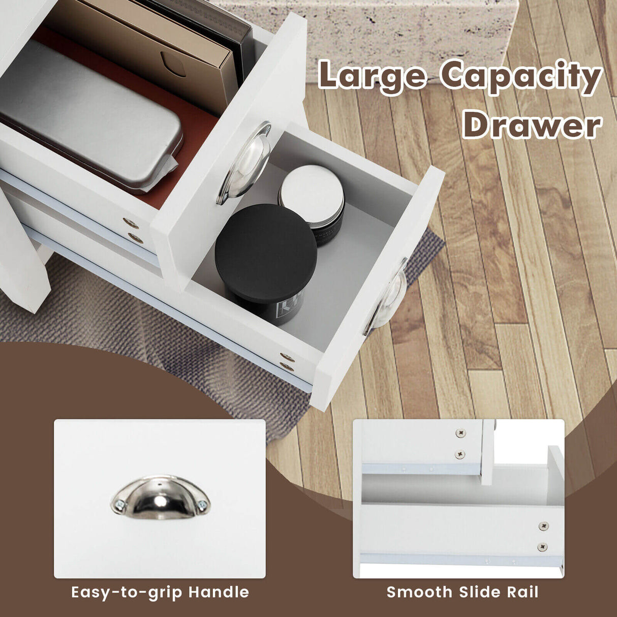 End Table Wooden with 2 Drawers and Shelf Bedside Table-Brown