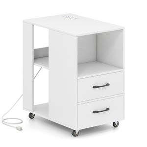 End Table with Built-in Charging Station Sofa Side Bedside Table on Wheels-White