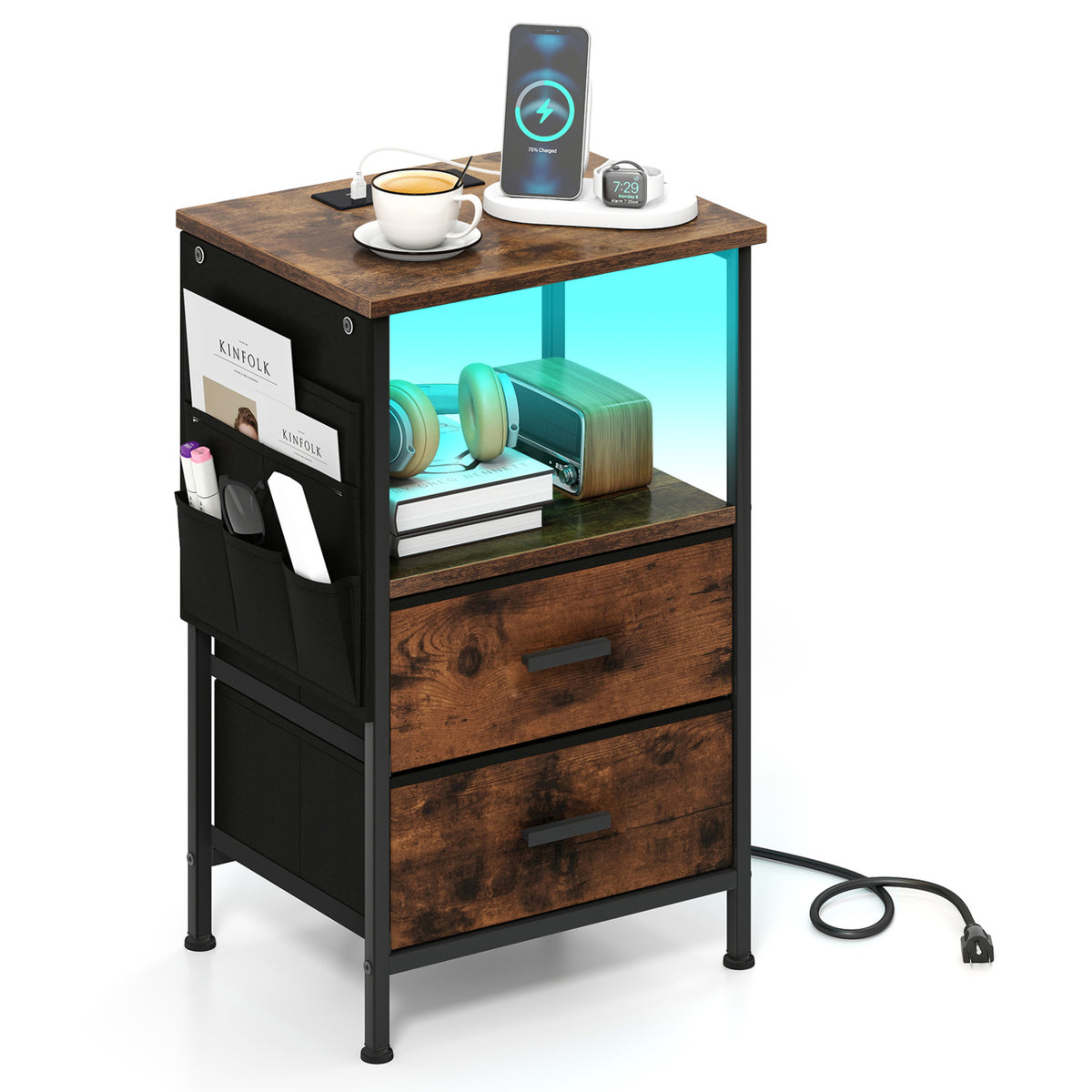 End Table with Charging Station Set of 1 Nightstand with 2 Folding Fabric Drawers